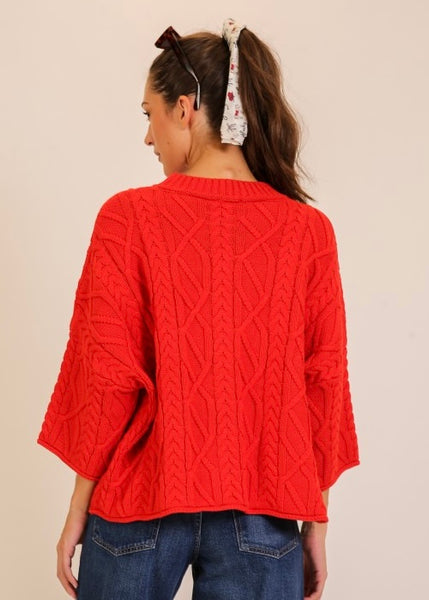 Joyful Day Red Cable Knit Sweater