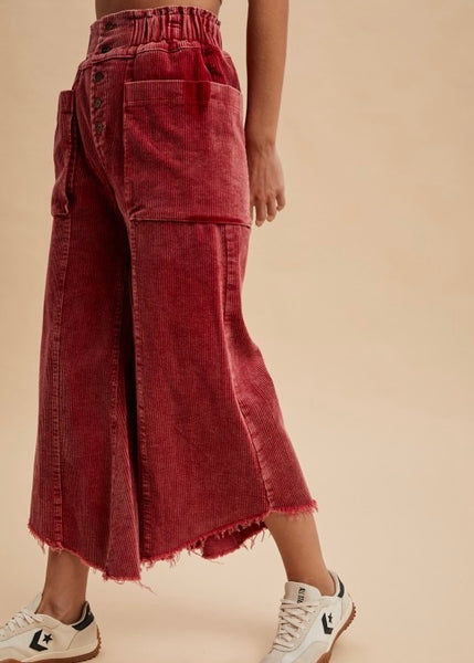 Seasonal Red Corduroy Fray Hem Pants