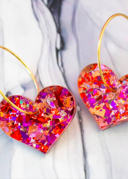 Glitter Red Heart Hoop Earrings