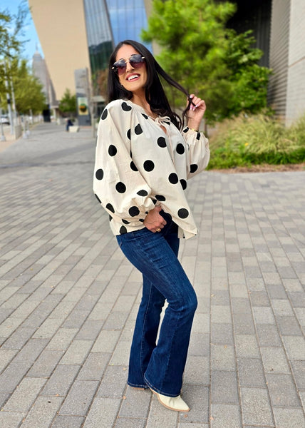Exaggerated Polka Dot Balloon Sleeve Top