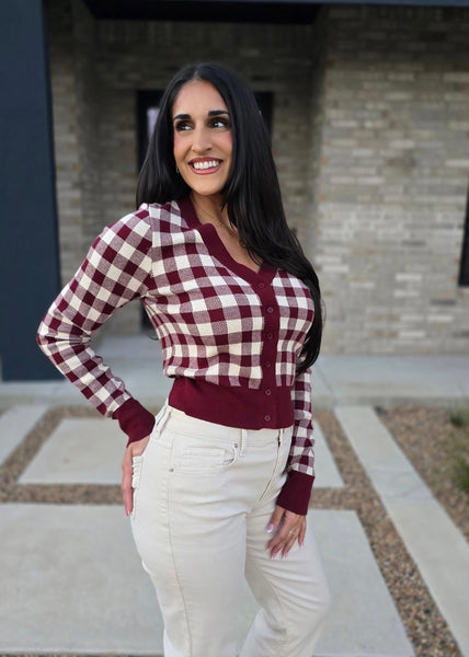 Got It All Burgundy Gingham Cardigan