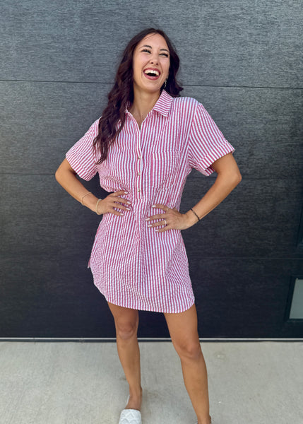 Casual Classic Red/White Striped Seersucker Shirt Dress