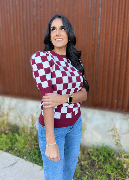 Almost Persuaded Burgundy Checked Short Sleeve Sweater