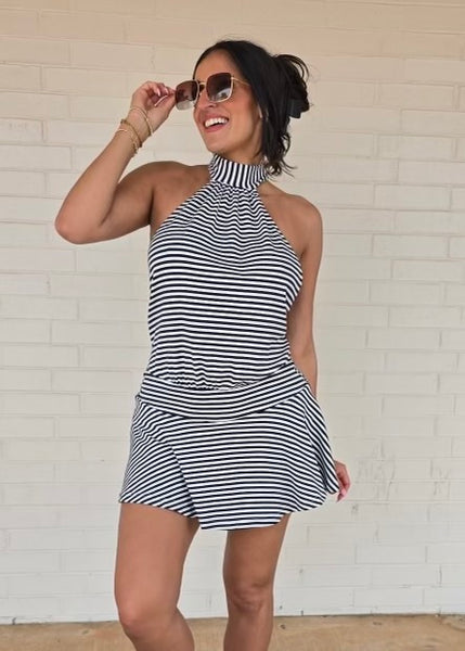 You Got Me Navy Striped Backless Halter Mini Dress-Romper