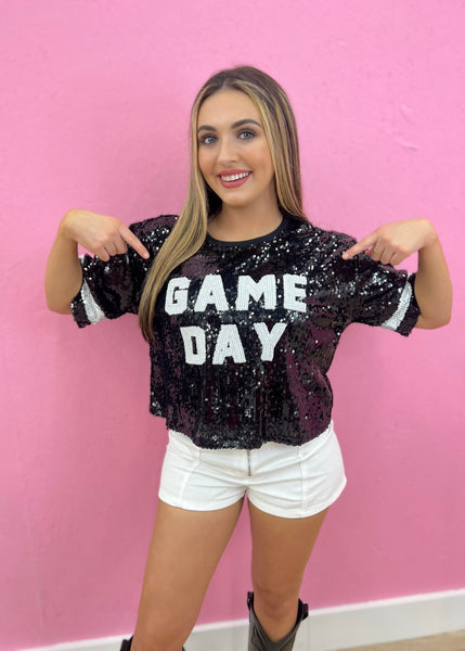 GAME DAY Black Sequin Crop Top