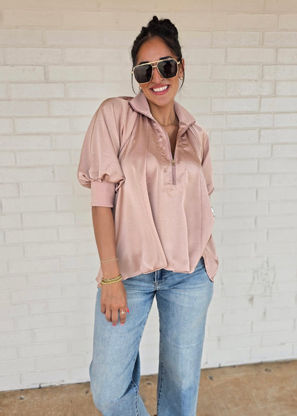 Play It Again Blush Half Zip Flowy Blouse