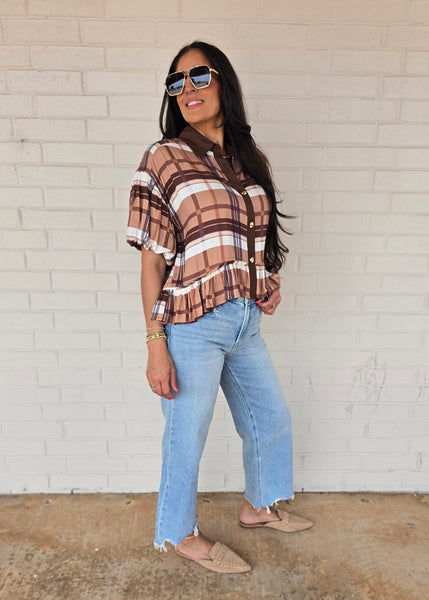 Plan On It Camel/Brown Plaid Baby Doll Top