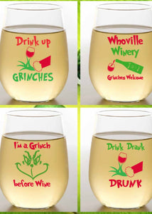 DRINK UP GRINCHES Shatterproof Wine Glasses: 4pk
