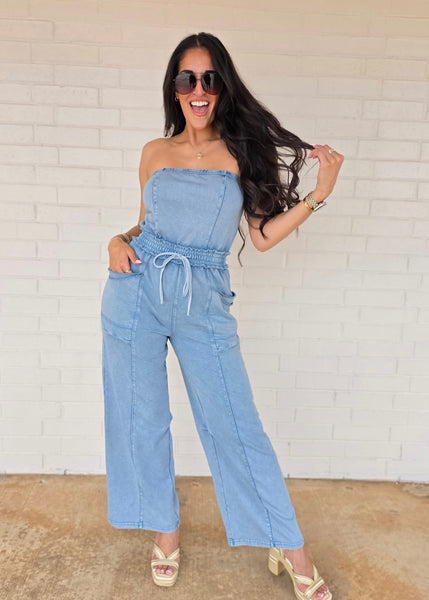 No Exposure Blue Strapless Jumpsuit