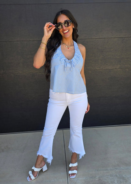 Summer Feelings Blue Striped Ruched Halter Top