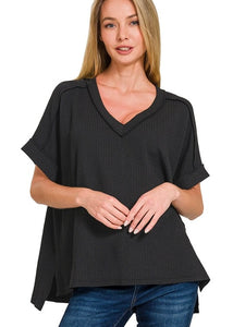 Here For It Black Corded Ribbed Short Sleeve Top