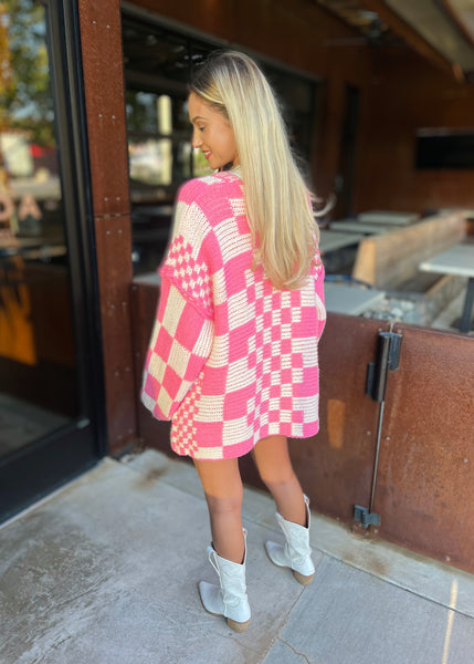Just Go With It Pink Checked Pattern Loose Fit Chunky Cardigan
