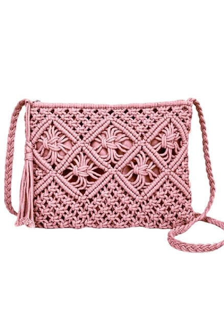 Woven Boho Tassel Pink Crochet Shoulder Bag