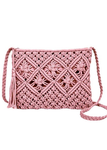 Woven Boho Tassel Pink Crochet Shoulder Bag