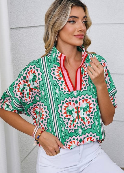 On The Bright Side Green Geometric Print Top