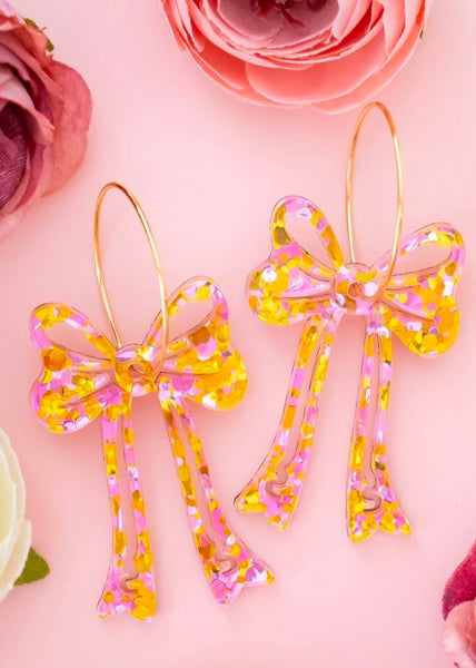 Pink & Gold Bow Hoop Earrings