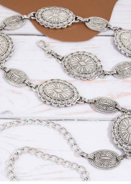 Ornate Oval Western Silver Concho Disc Chain Belt