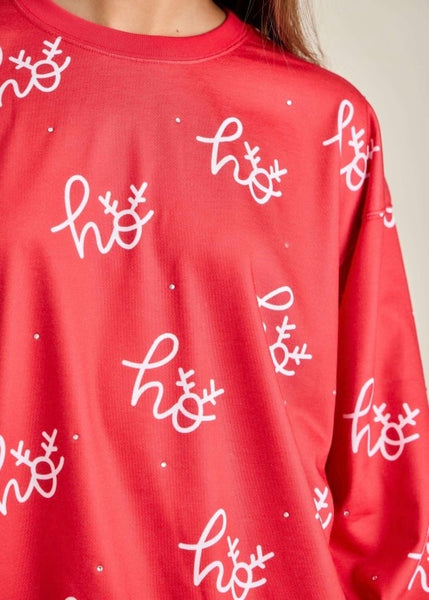 Red Rhinestoned "Ho, Ho, Ho" Printed Longsleeve Top
