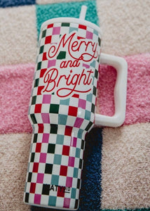 Merry & Bright Checkered Tumbler Cup w/ Handle: White