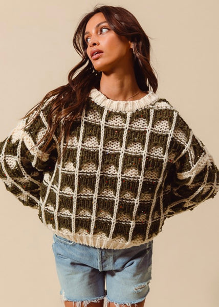 Enough Said Olive & Ivory Loose Fit Chunky Sweater