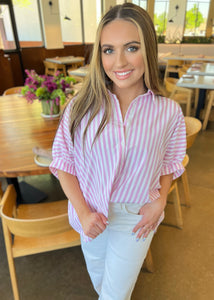 Settling In Pink & White Striped Button Up Oversized Top