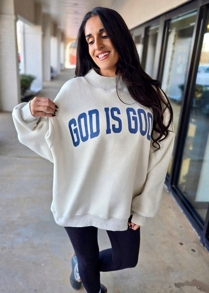"Jesus/God Is Good" Reversible Grey Oversized Mock Neck Sweatshirt