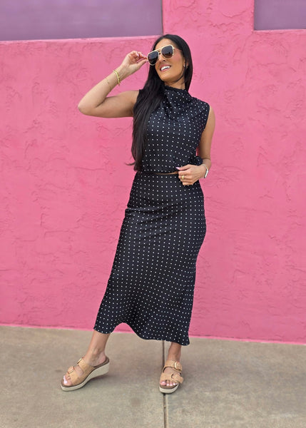 Sudden Connection Black & White Polka Dot 2 Pc Top & Midi Skirt Set