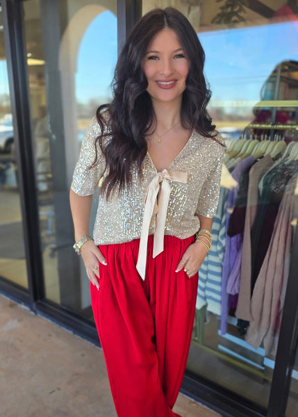 Shine Bright Satin Bow Sequin Top