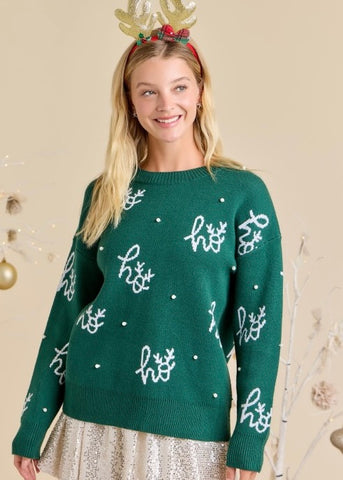 "Ho Ho Ho" Hunter Green Snowflake Sweater