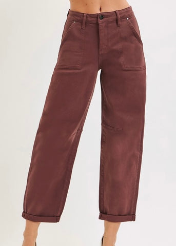 Adeline High Rise Brown Ankle Cuffed Barrel Pants