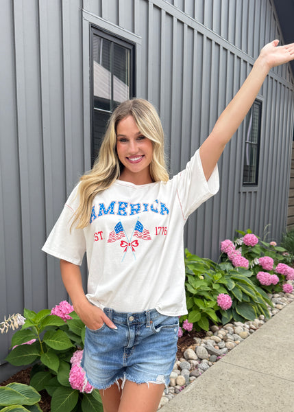 "America" Rhinestone White Bow Flag Tee