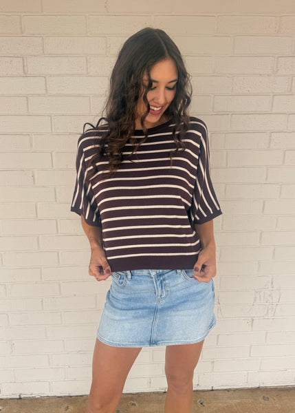 The Good Life Brown & White Striped Short Sleeve Sweater Top