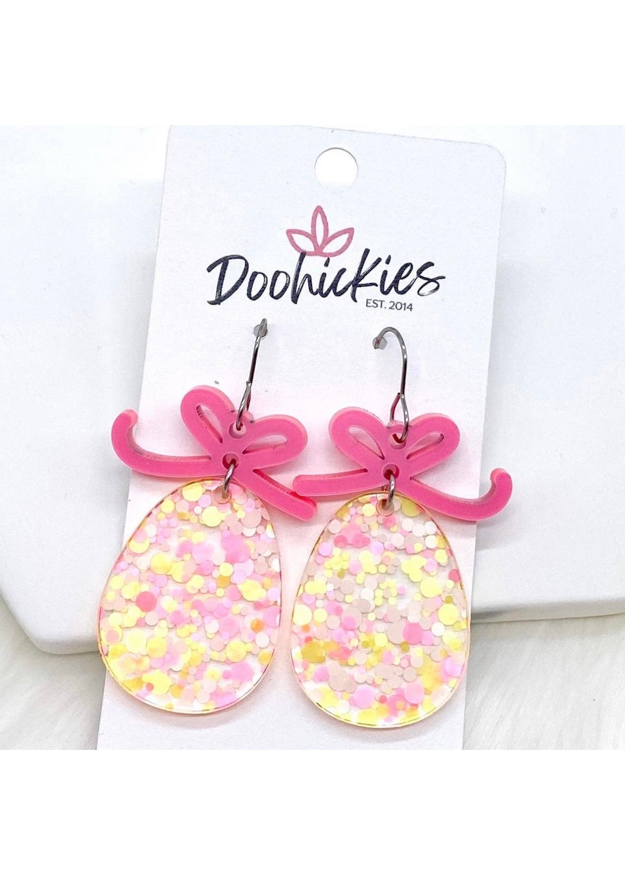 1.75" Pink Bow & Confetti Easter Egg Acrylics -Earrings