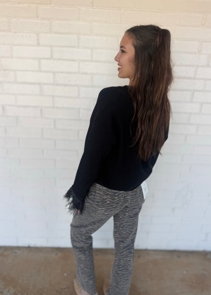 All Be Done Black Button Up Feather Sweater