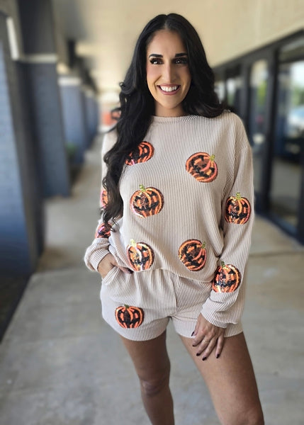 Halloween Sequin Pumpkin Corded Two Piece Shorts Set