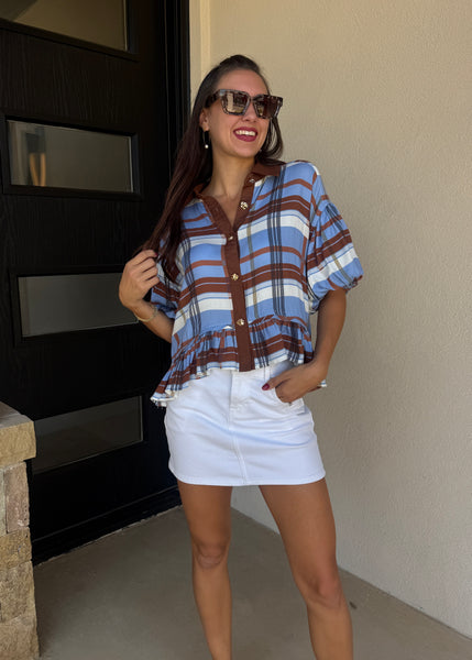 Plan On It Blue/Brown Plaid Babydoll Top