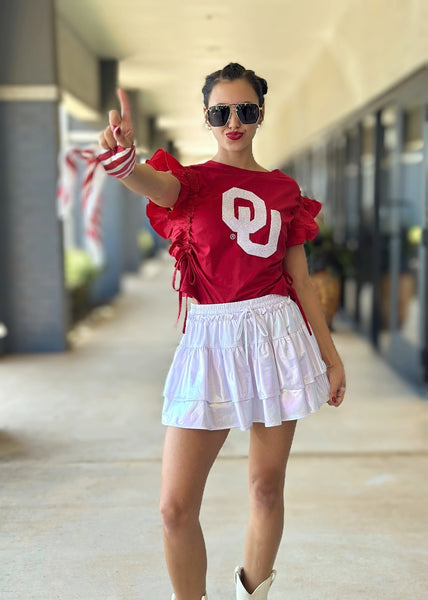 OU Sequin Red Ruffle Sleeve Top
