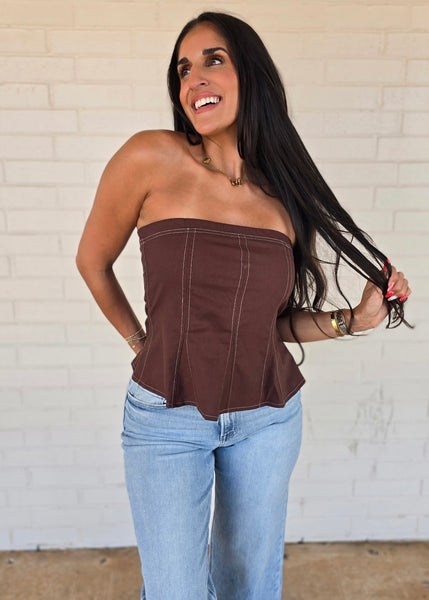 Sometimes Yes Brown Strapless Top