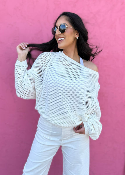 Ocean Spray White Crochet Sweater - Large