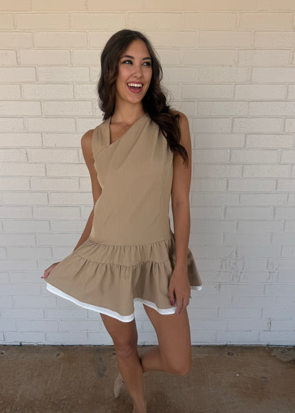 All The Sass Taupe Ruffled Mini Dress