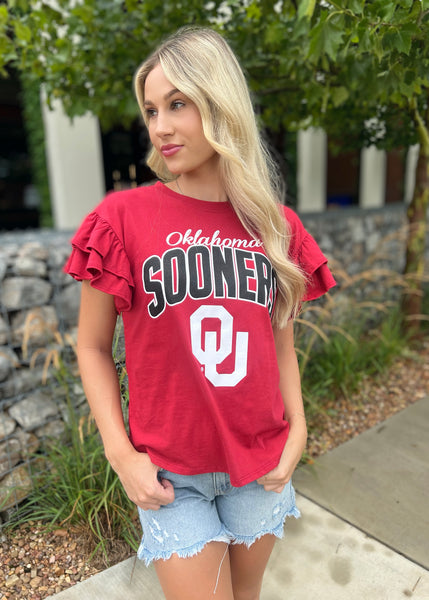 Scream & Shout OU Ruffle Sleeve Top