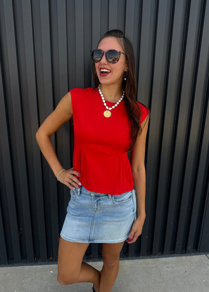 Dinner Plans Red Pleated Sleeveless Top