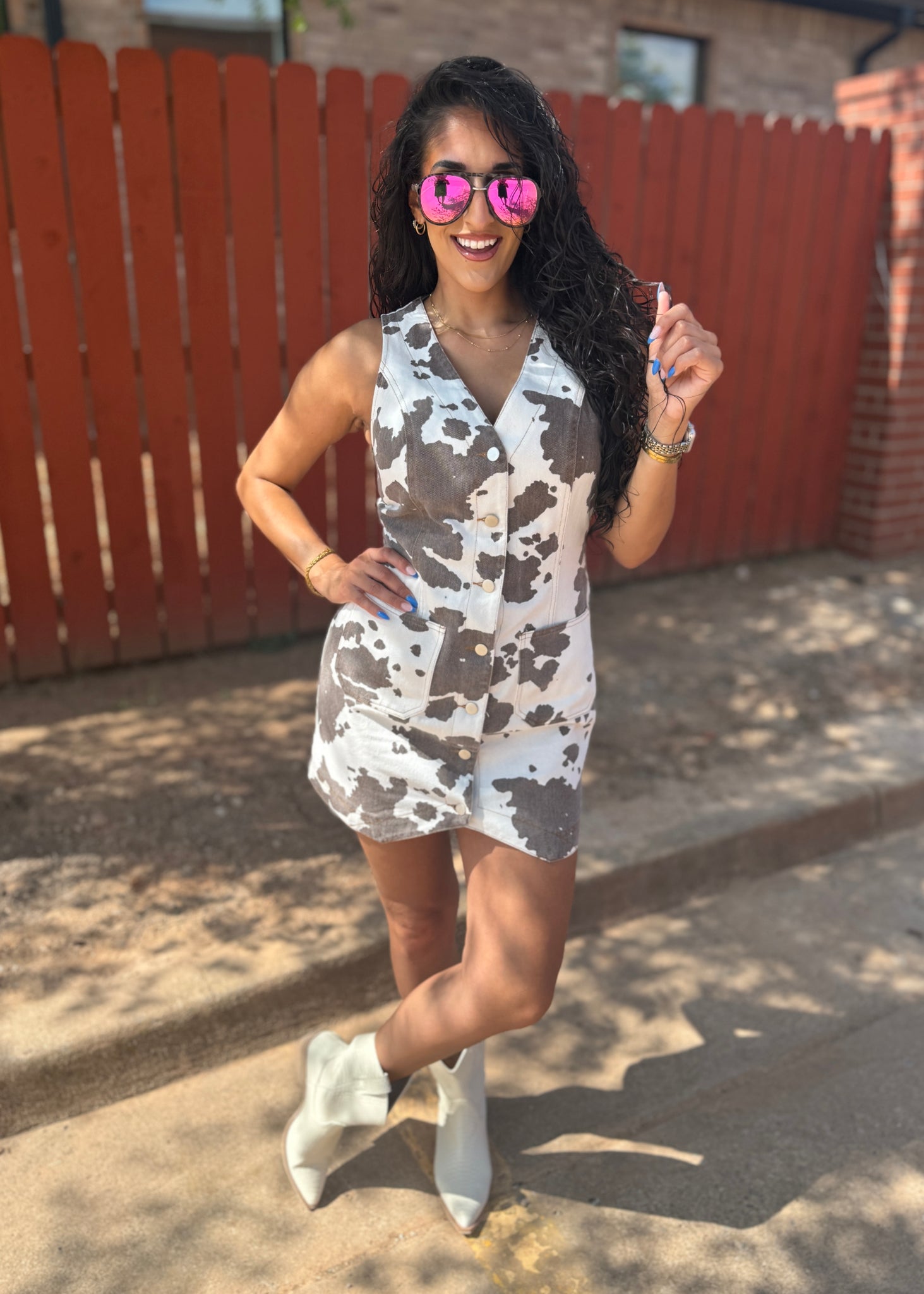 Girls Just Wanna Have Fun Cow Print Denim Dress