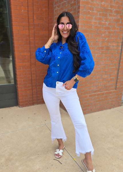 Beauty Mark Blue Patterned Button Up Top