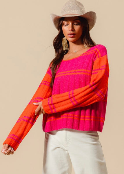 A Cozy Place Fuchsia/Orange Striped Sweater