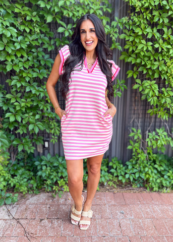 All About Ya Pink Striped Ruffle Sleeve Dress