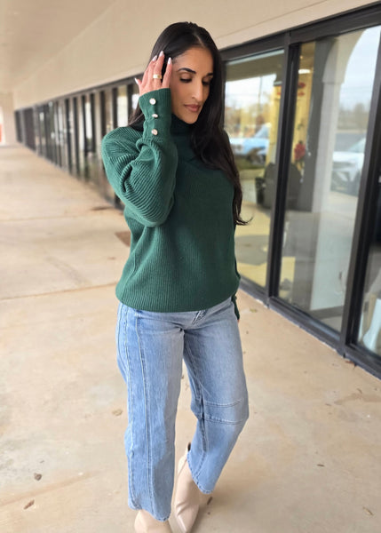 Plan For It Hunter Green Turtleneck Pearl Button Sweater