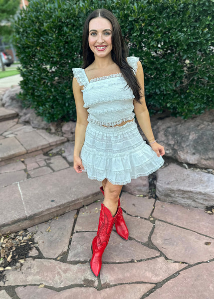 Sunset Serenade White Lace Trim Top & Mini Skirt 2 Pc Set