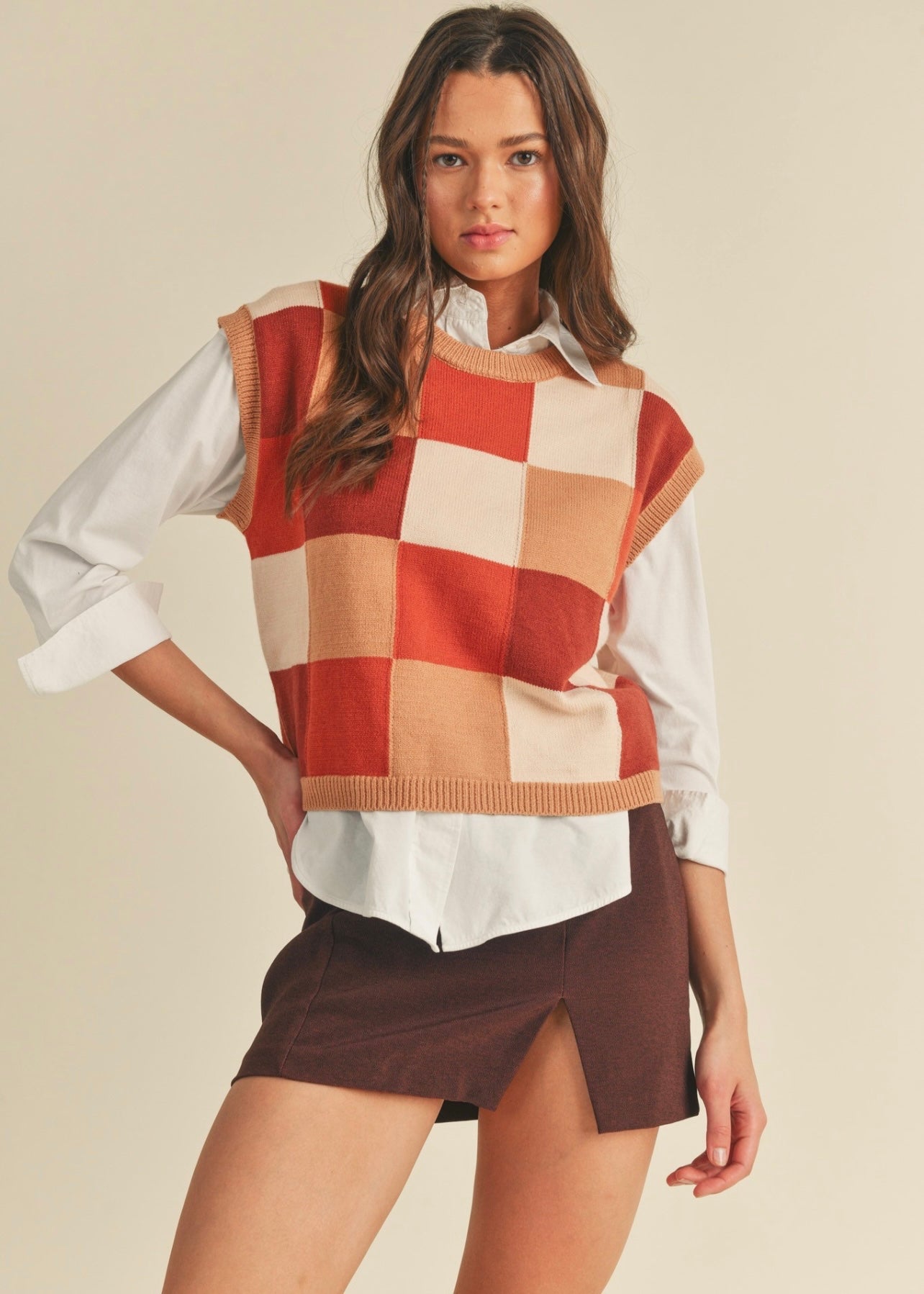 Checker Me Fabulous Brown Multi Sweater Vest