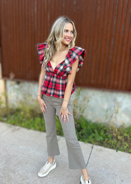 Living Out Loud Plaid Babydoll Ruffle Sleeve Top